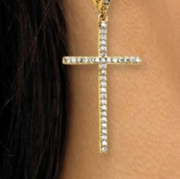 Gold Crystal Cross Drop Earrings, Goldtone 42x18mm NEW - Picture 4 of 7